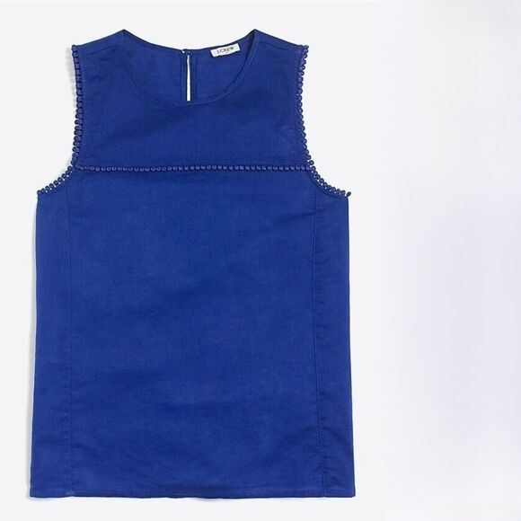 J. Crew Womens Linen Cotton Size 6 Shell With Pom Pom Trim Blue - Picture 1 of 7